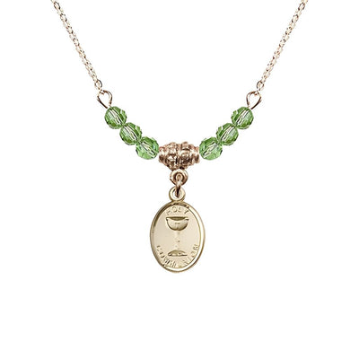 Gold-plated Holy Communion Chalice Peridot Beaded Necklace, Measures 1/2-inch tall by 3/8-inch wide, Bliss Manufacturing