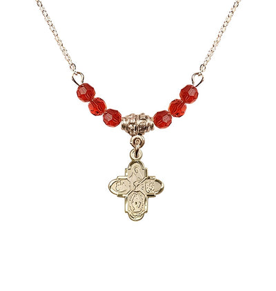 Gold-plated Chalice 4-Way Cross Ruby Beaded Necklace, Measures 1/2-inch tall by 3/8-inch wide, Bliss Manufacturing