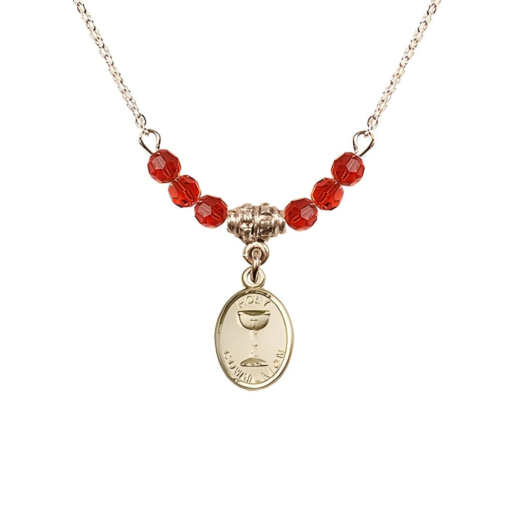 Bliss Gold-plated Holy Communion Chalice Ruby Beaded Necklace, Measures 1/2-inch tall by 3/8-inch wide
