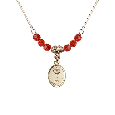 Gold-plated Holy Communion Chalice Ruby Beaded Necklace, Measures 1/2-inch tall by 3/8-inch wide, Bliss Manufacturing