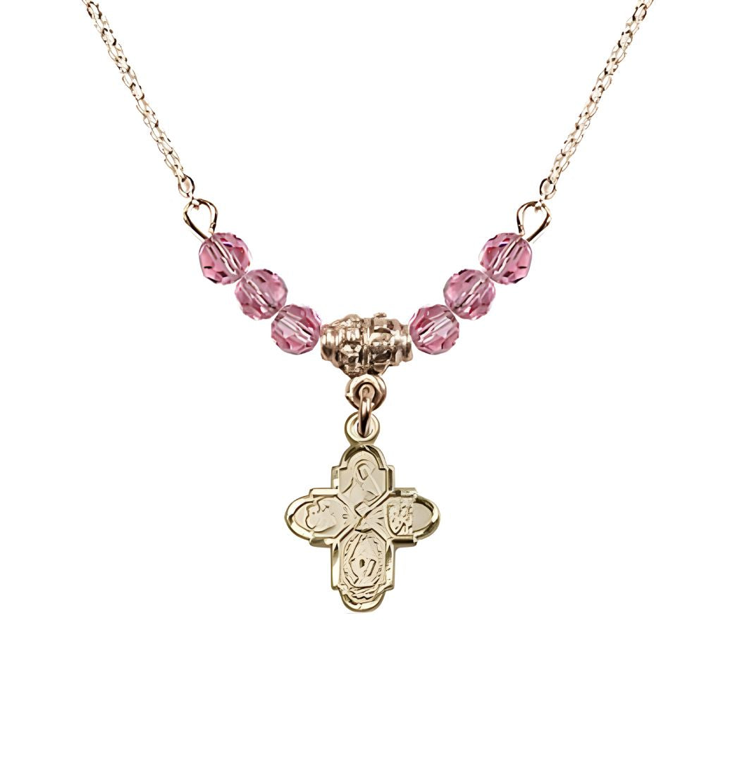 Bliss Gold-plated Chalice 4-Way Cross Rose Beaded Necklace, Measures 1/2-inch tall by 3/8-inch wide