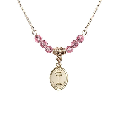 Gold-plated Holy Communion Chalice Rose Beaded Necklace, Measures 1/2-inch tall by 3/8-inch wide, Bliss Manufacturing