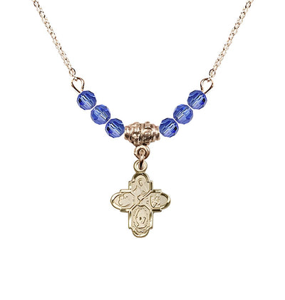 Gold-plated Chalice 4-Way Cross Sapphire Beaded Necklace, Measures 1/2-inch tall by 3/8-inch wide, Bliss Manufacturing