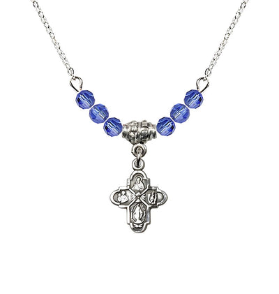 Pewter Chalice 4-Way Cross Sapphire Beaded Necklace, Measures 1/2-inch tall by 3/8-inch wide, Bliss Manufacturing