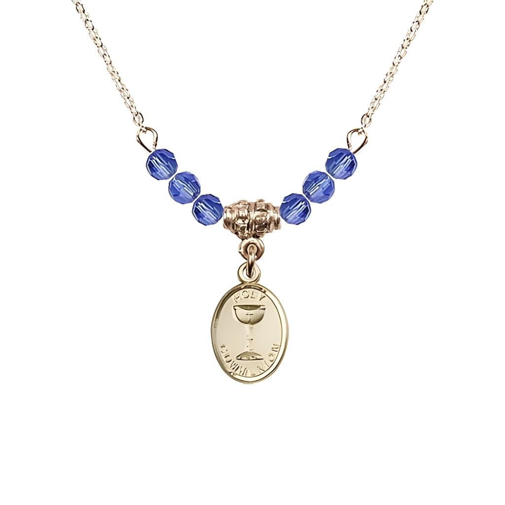 Bliss Gold-plated Holy Communion Chalice Sapphire Beaded Necklace, Measures 1/2-inch tall by 3/8-inch wide