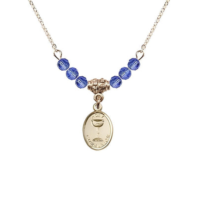 Gold-plated Holy Communion Chalice Sapphire Beaded Necklace, Measures 1/2-inch tall by 3/8-inch wide, Bliss Manufacturing