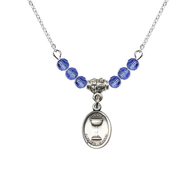 Pewter Holy Communion Chalice Sapphire Beaded Necklace, Measures 1/2-inch tall by 3/8-inch wide, Bliss Manufacturing