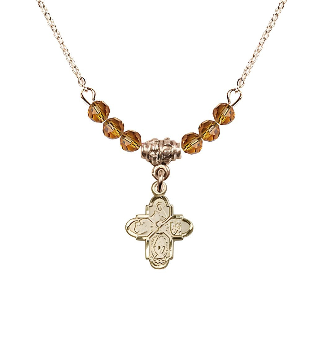 Bliss Gold-plated Chalice 4-Way Cross Topaz Beaded Necklace, Measures 1/2-inch tall by 3/8-inch wide