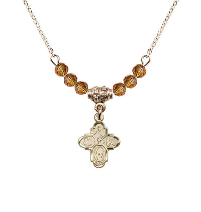 Gold-plated Chalice 4-Way Cross Topaz Beaded Necklace, Measures 1/2-inch tall by 3/8-inch wide, Bliss Manufacturing