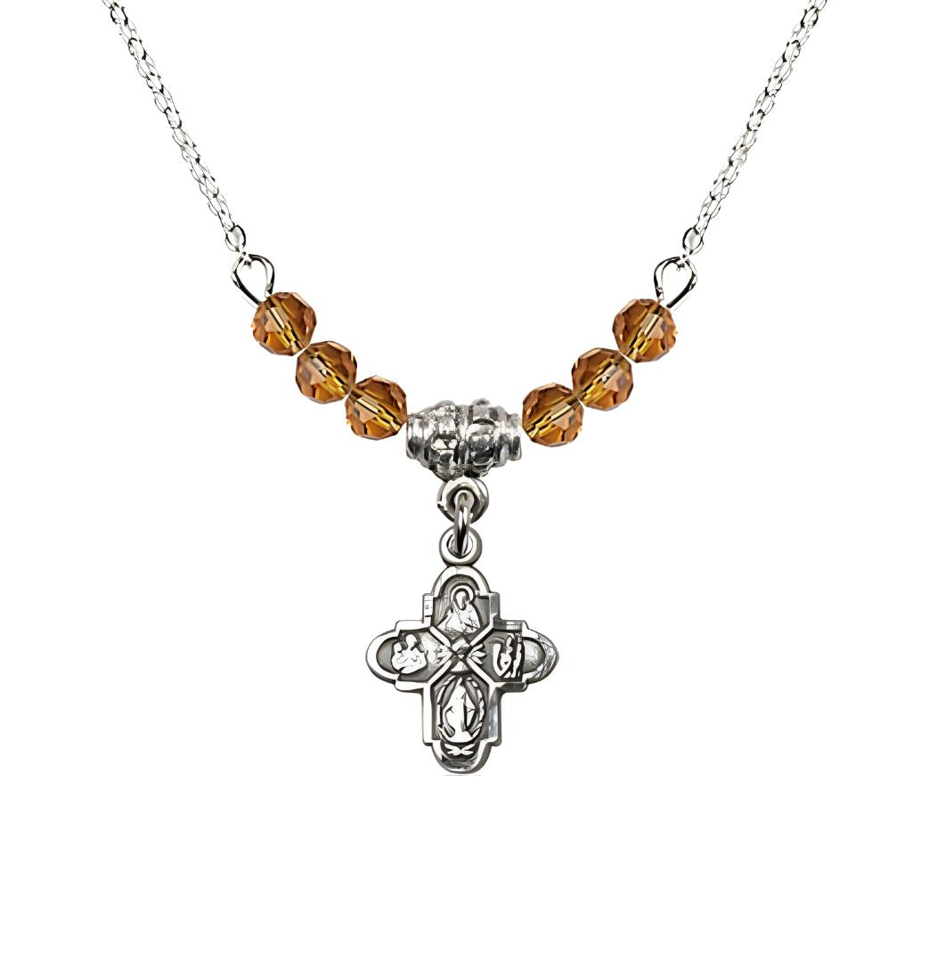 Bliss Pewter Chalice 4-Way Cross Topaz Beaded Necklace, Measures 1/2-inch tall by 3/8-inch wide