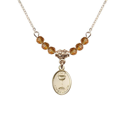 Gold-plated Holy Communion Chalice Topaz Beaded Necklace, Measures 1/2-inch tall by 3/8-inch wide, Bliss Manufacturing
