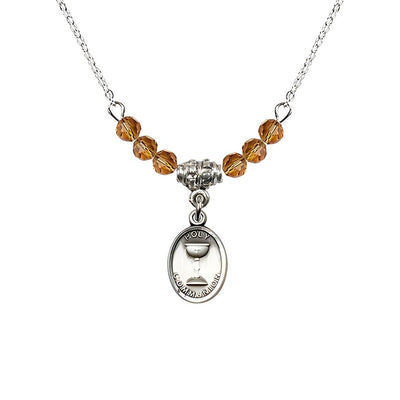 Pewter Holy Communion Chalice Topaz Beaded Necklace, Measures 1/2-inch tall by 3/8-inch wide, Bliss Manufacturing