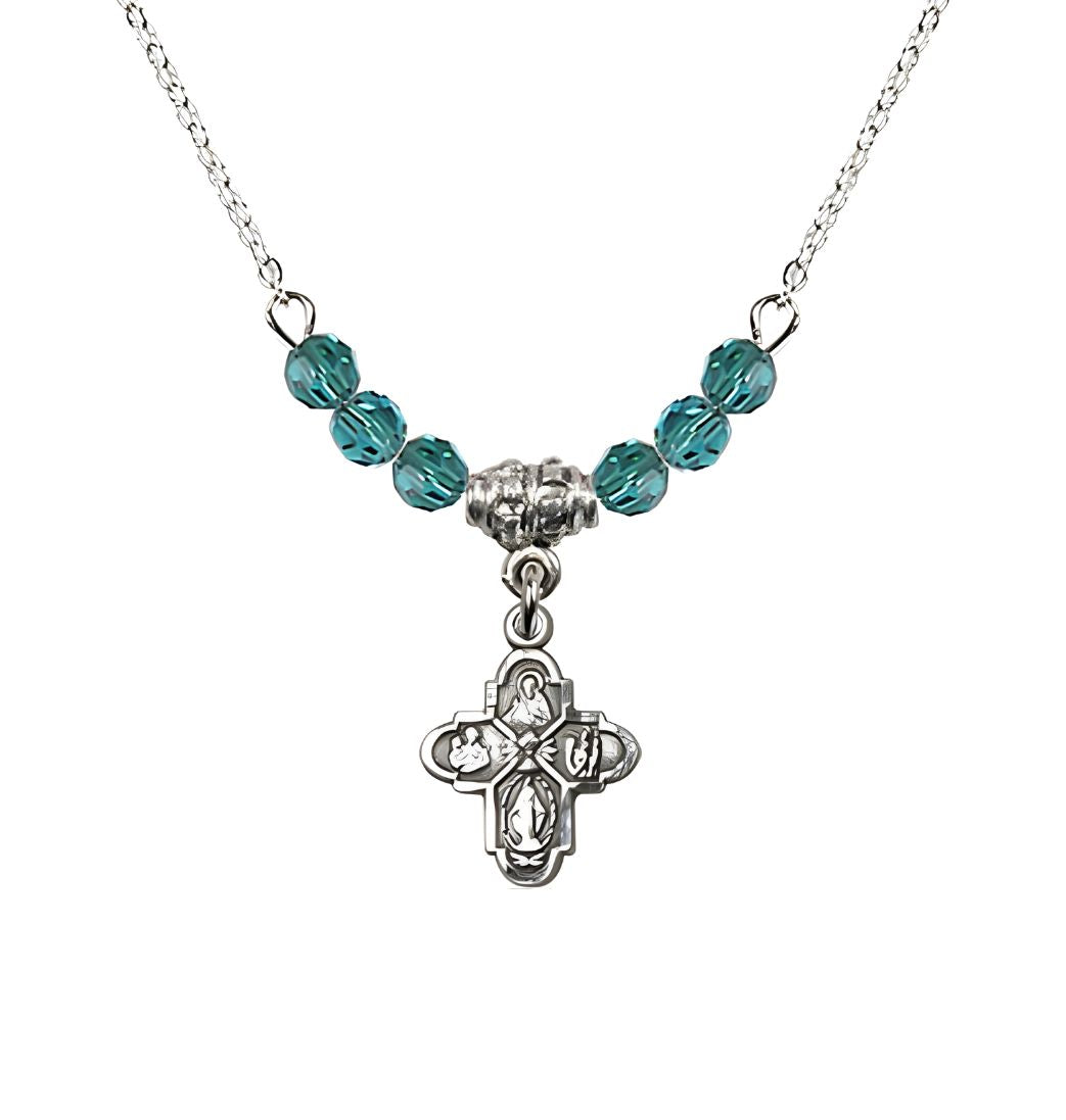Bliss Pewter Chalice 4-Way Cross Zircon Beaded Necklace, Measures 1/2-inch tall by 3/8-inch wide