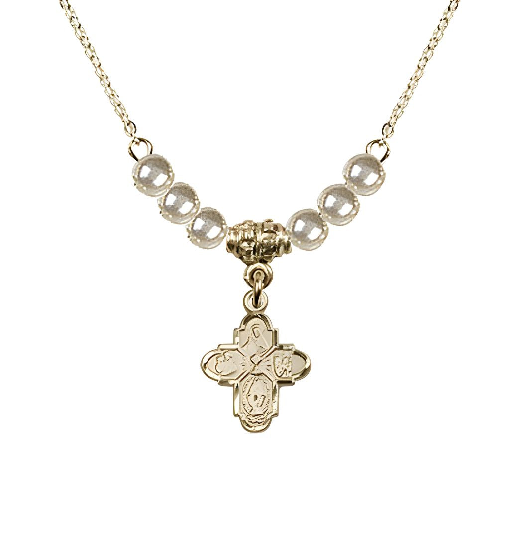 Bliss Gold-plated Chalice 4-Way Cross Faux Pearl Crystal Beaded Necklace, Measures 1/2-inch tall by 3/8-inch wide