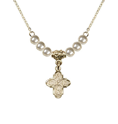 Gold-plated Chalice 4-Way Cross Faux Pearl Crystal Beaded Necklace, Measures 1/2-inch tall by 3/8-inch wide, Bliss Manufacturing