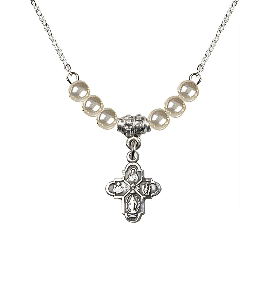 Bliss Pewter Chalice 4-Way Cross Faux Pearl Crystal Beaded Necklace, Measures 1/2-inch tall by 3/8-inch wide