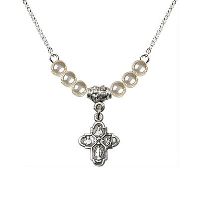 Pewter Chalice 4-Way Cross Faux Pearl Crystal Beaded Necklace, Measures 1/2-inch tall by 3/8-inch wide, Bliss Manufacturing