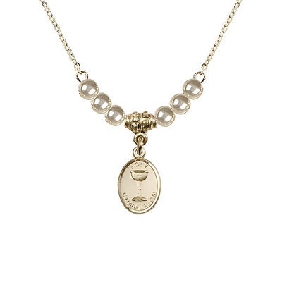 Gold-plated Holy Communion Chalice Faux Pearl Crystal Beaded Necklace, Measures 1/2-inch tall by 3/8-inch wide, Bliss Manufacturing
