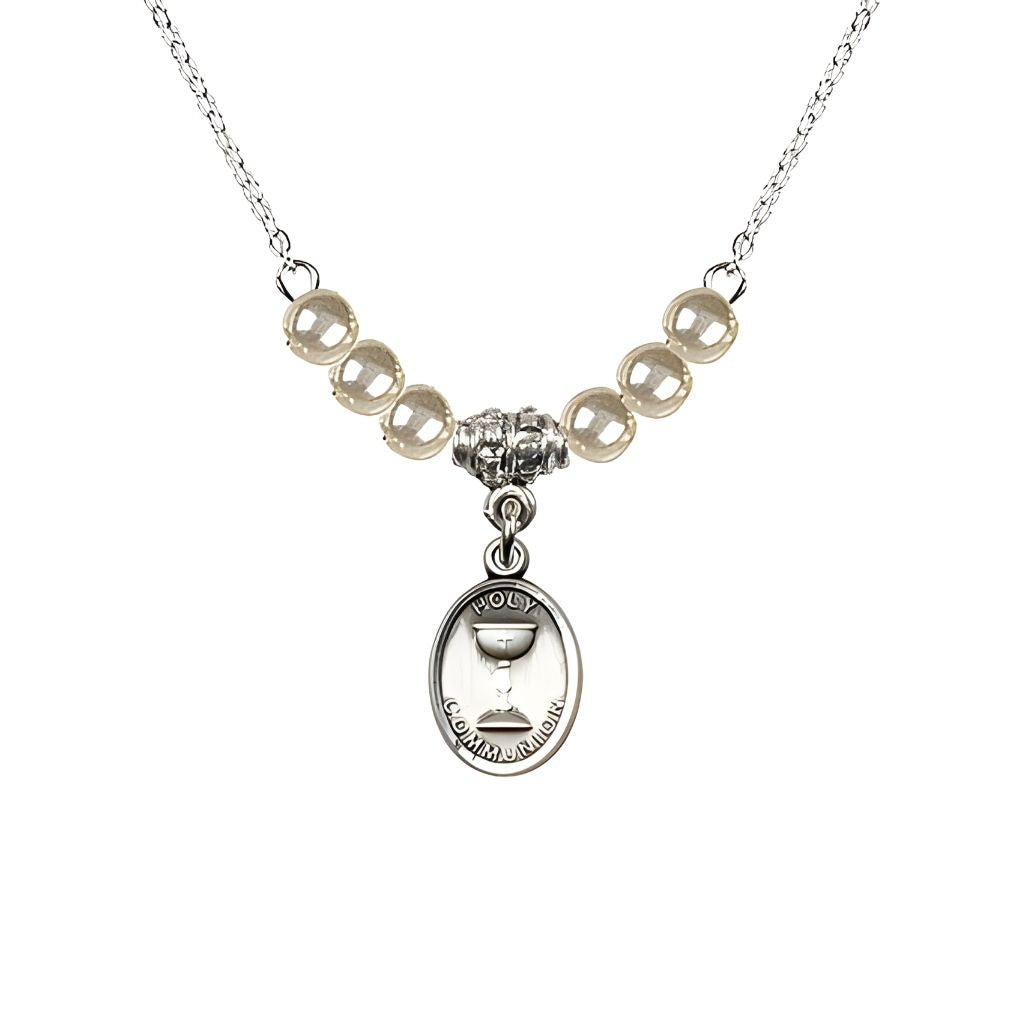 Bliss Pewter Holy Communion Chalice Faux Pearl Crystal Beaded Necklace, Measures 1/2-inch tall by 3/8-inch wide
