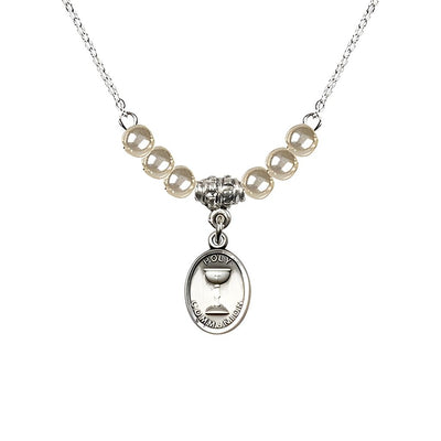 Pewter Holy Communion Chalice Faux Pearl Crystal Beaded Necklace, Measures 1/2-inch tall by 3/8-inch wide, Bliss Manufacturing