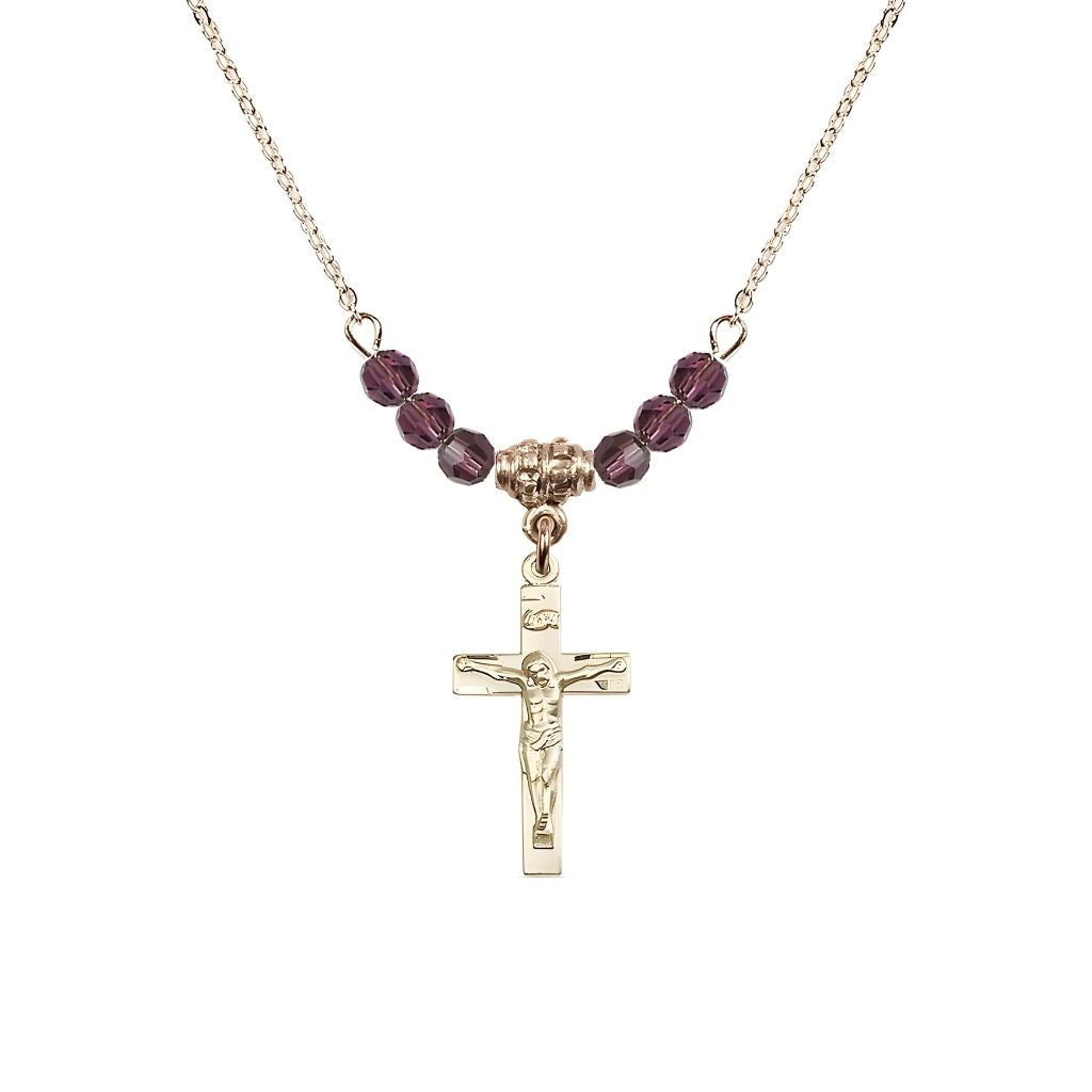 Bliss Gold-plated Holy Communion Crucifix Amethyst Beaded Necklace, Measures 1/2-inch tall by 3/8-inch wide