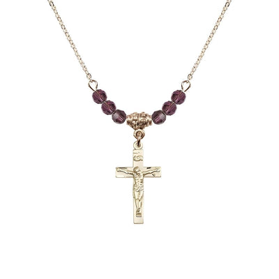 Gold-plated Holy Communion Crucifix Amethyst Beaded Necklace, Measures 1/2-inch tall by 3/8-inch wide, Bliss Manufacturing