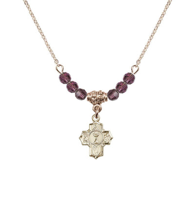 Gold-plated Communion 5-Way Cross Amethyst Beaded Necklace, Measures 1/2-inch tall by 3/8-inch wide, Bliss Manufacturing