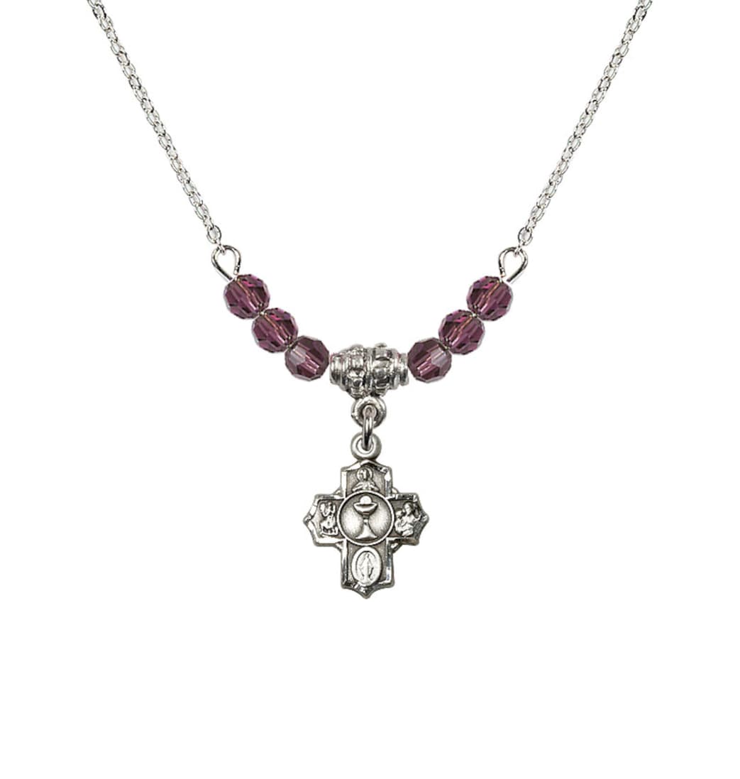 Bliss Pewter Communion 5-Way Cross Amethyst Beaded Necklace, Measures 1/2-inch tall by 3/8-inch wide