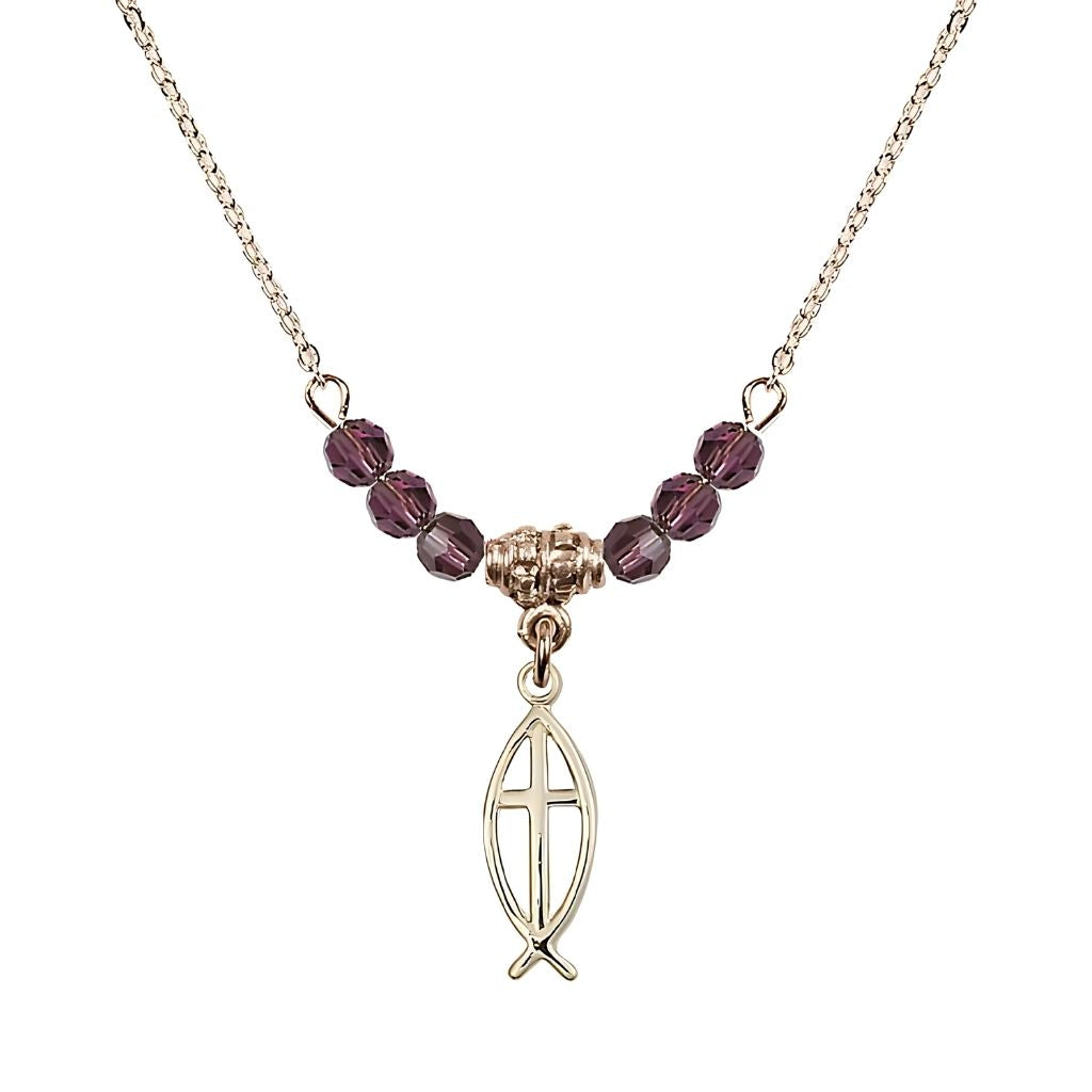 Bliss Fish Cross Gold-filled 4mm Crystal Beaded Necklace with Chain in Amethyst, Medal Measures 3/4 inch tall by 1/4 inch wide
