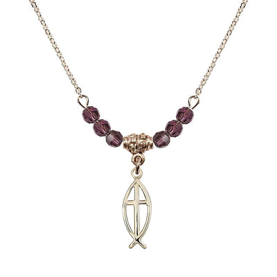 Fish Cross Gold-filled 4mm Crystal Beaded Necklace with Chain in Amethyst, Medal Measures 3/4 inch tall by 1/4 inch wide, Bliss Manufacturing