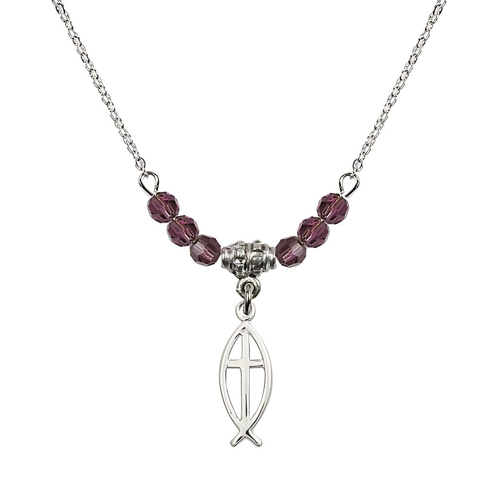 Bliss Fish Cross Crystal Birthstone Necklace with Chain in Amethyst, 3/4 inch tall by 1/4 inch wide

