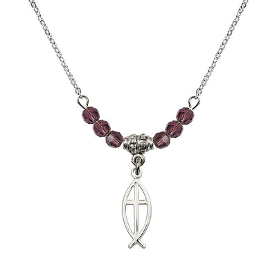 Fish Cross Crystal Birthstone Necklace with Chain in Amethyst, 3/4 inch tall by 1/4 inch wide, Bliss Manufacturing