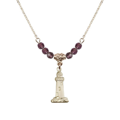 February-Amethyst Gold-filled Lighthouse Beaded Necklace, Medal Measures 3/4-inch tall by 3/8-inch wide, Bliss Manufacturing