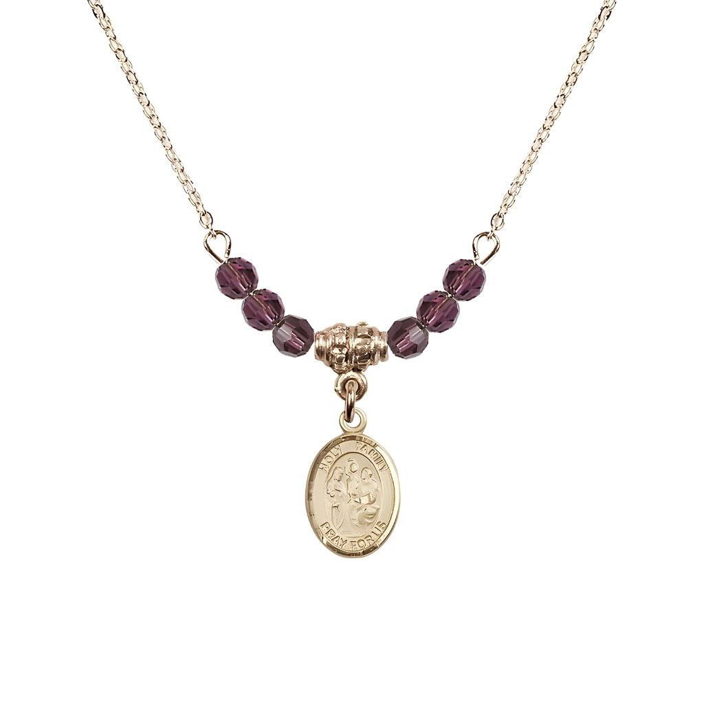 Bliss Holy Family 14kt Gold-filled Charm Beaded Necklace with 18" Gold-plated Chain in 4mm Austrian Crystal Amethyst Beads