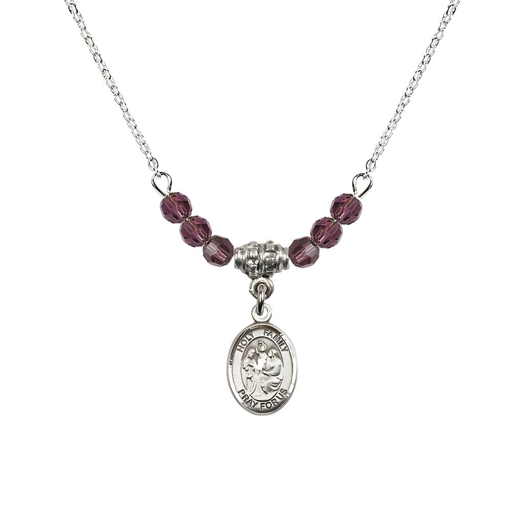 Bliss Holy Family Sterling Silver Charm Beaded Necklace with 18" Plated Chain in 4mm Austrian Crystal Amethyst Beads