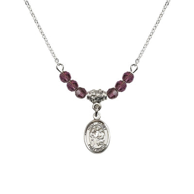 Holy Family Sterling Silver Charm Beaded Necklace with 18" Plated Chain in 4mm Austrian Crystal Amethyst Beads, Bliss Manufacturing