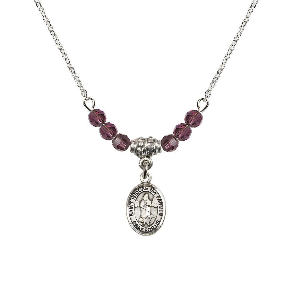 Bliss St. Isidore the Farmer Oval Sterling Silver 4mm Amethyst Austrian Crystal Beaded Necklace, Measures 1/2-inch by 1/4-inch, Gift Box.