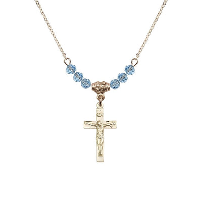 Gold-plated Holy Communion Crucifix Aqua Beaded Necklace, Measures 1/2-inch tall by 3/8-inch wide, Bliss Manufacturing