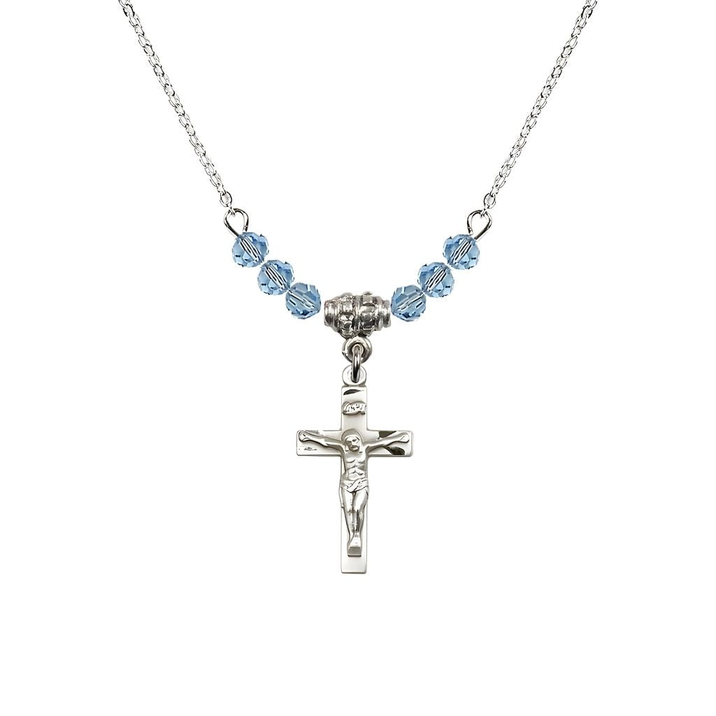 Bliss Pewter Holy Communion Crucifix Aqua Beaded Necklace, Measures 1/2-inch tall by 3/8-inch wide