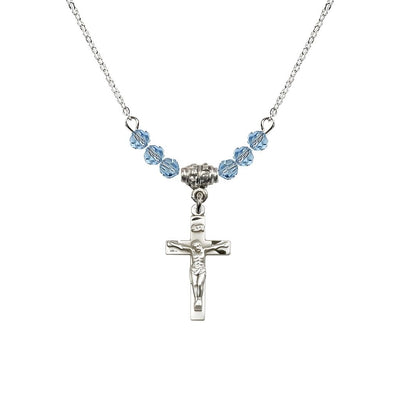 Pewter Holy Communion Crucifix Aqua Beaded Necklace, Measures 1/2-inch tall by 3/8-inch wide, Bliss Manufacturing