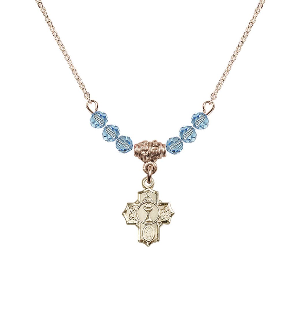 Bliss Gold-plated Communion 5-Way Cross Aqua Beaded Necklace, Measures 1/2-inch tall by 3/8-inch wide