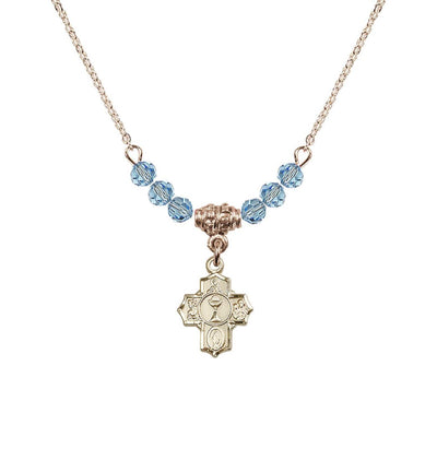 Gold-plated Communion 5-Way Cross Aqua Beaded Necklace, Measures 1/2-inch tall by 3/8-inch wide, Bliss Manufacturing