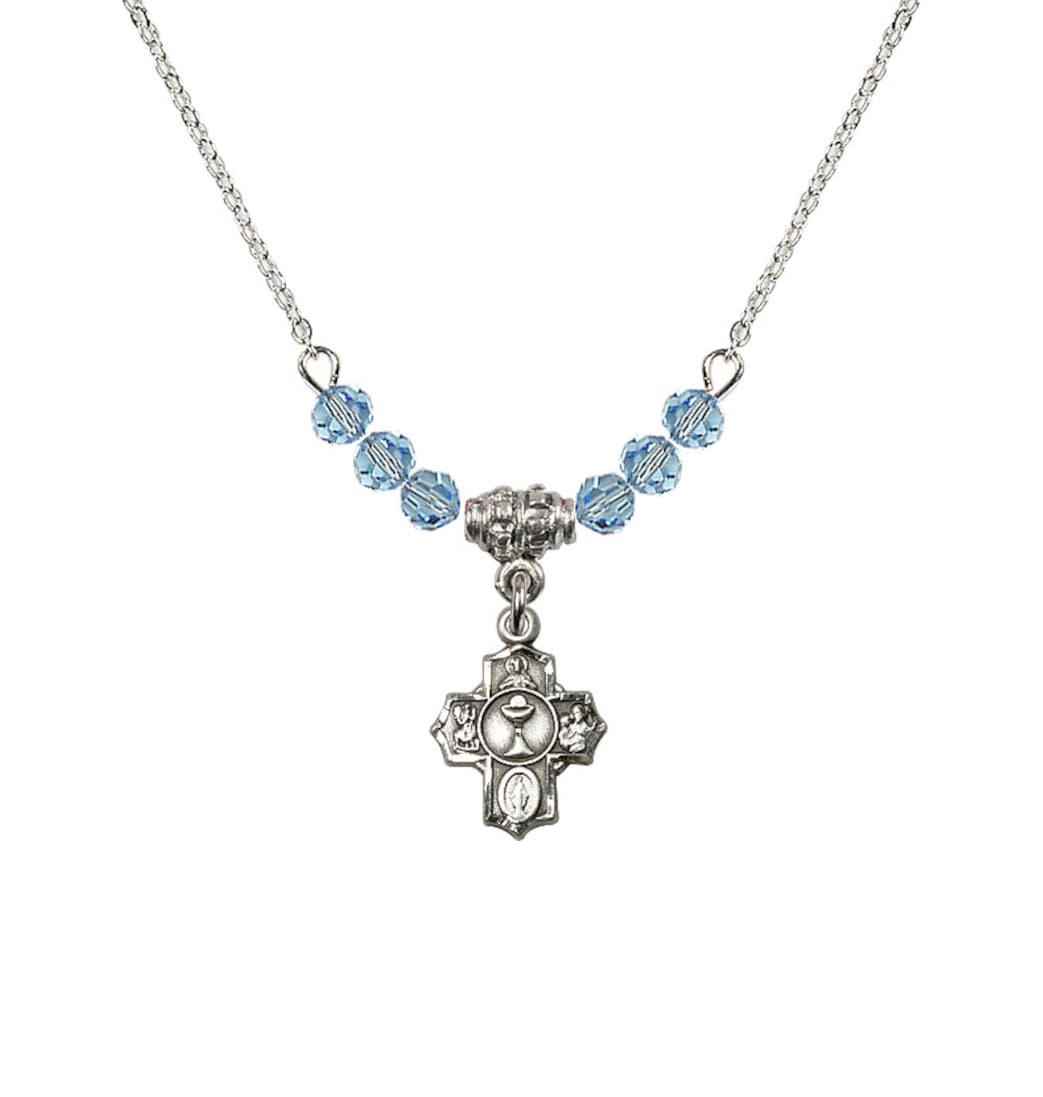 Bliss Pewter Communion 5-Way Cross Aqua Beaded Necklace, Measures 1/2-inch tall by 3/8-inch wide