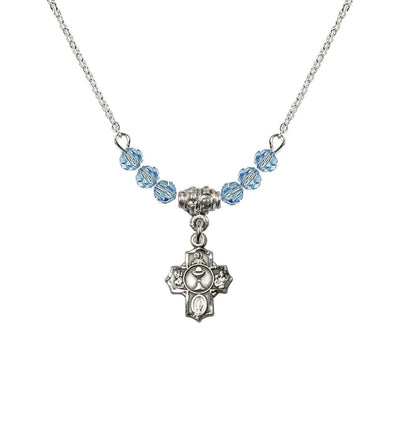 Pewter Communion 5-Way Cross Aqua Beaded Necklace, Measures 1/2-inch tall by 3/8-inch wide, Bliss Manufacturing