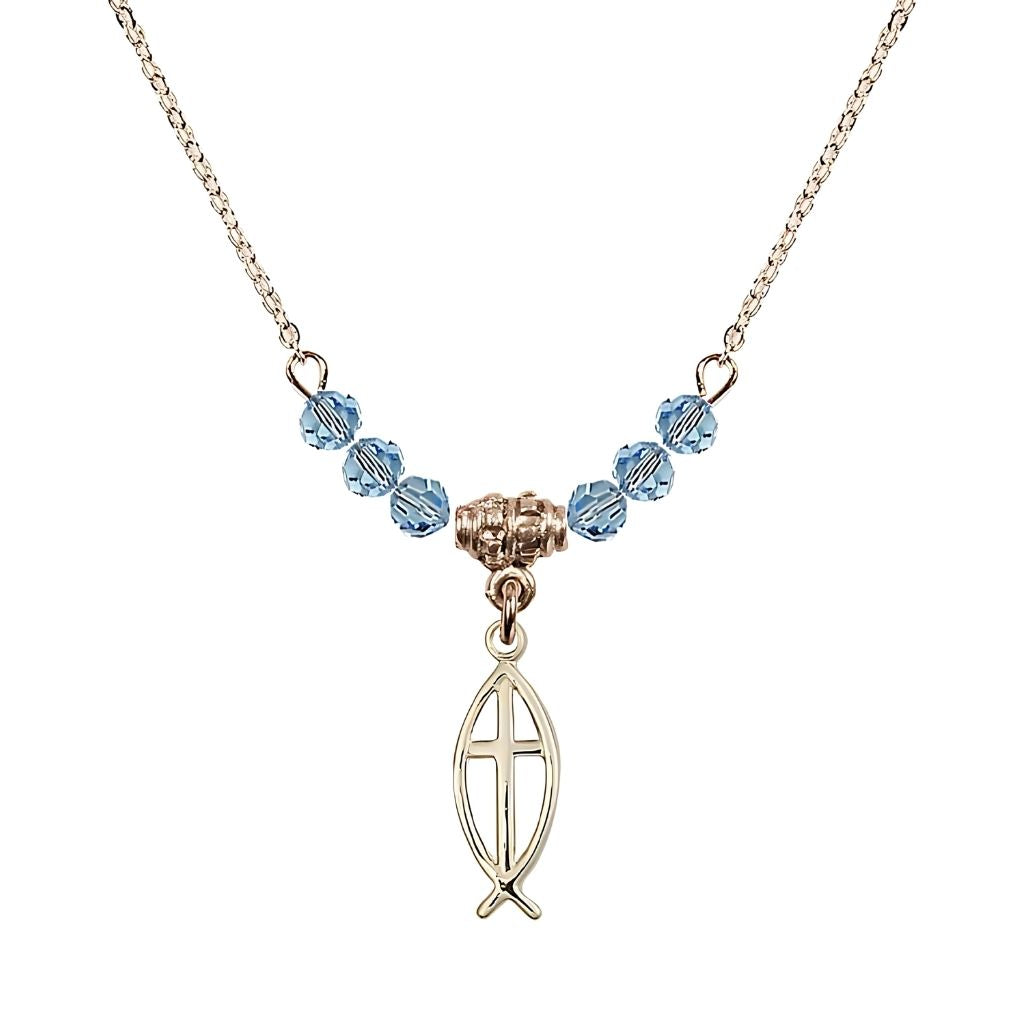 Bliss Fish Cross Gold-filled 4mm Crystal Beaded Necklace with Chain in Aqua, Medal Measures 3/4 inch tall by 1/4 inch wide