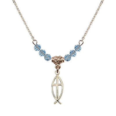 Fish Cross Gold-filled 4mm Crystal Beaded Necklace with Chain in Aqua, Medal Measures 3/4 inch tall by 1/4 inch wide, Bliss Manufacturing