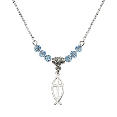 Fish Cross Crystal Birthstone Necklace with Chain in Aqua, 3/4 inch tall by 1/4 inch wide, Bliss Manufacturing