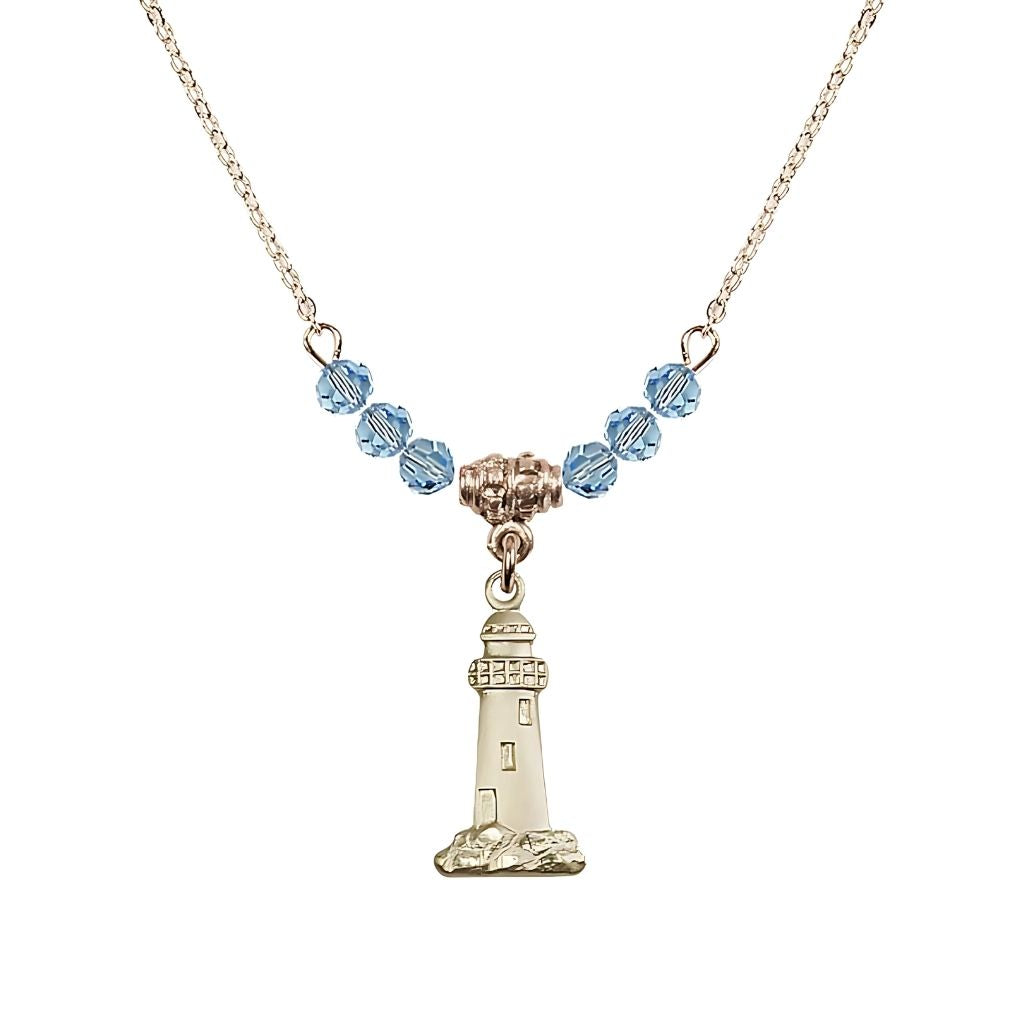 Bliss March-Aqua Gold-filled Lighthouse Beaded Necklace, Medal Measures 3/4-inch tall by 3/8-inch wide