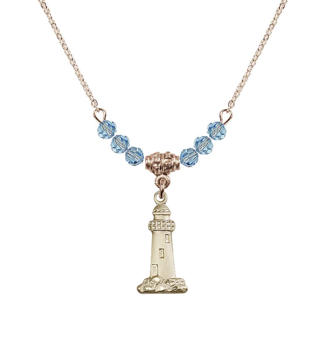 Bliss March-Aqua Gold-filled Lighthouse Beaded Necklace,