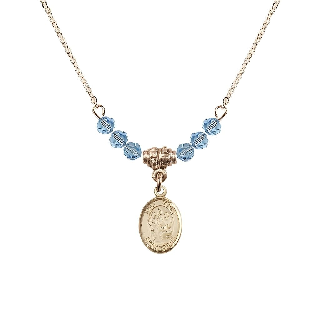 Bliss Holy Family 14kt Gold-filled Charm Beaded Necklace with 18" Gold-plated Chain in 4mm Austrian Crystal Aqua Beads